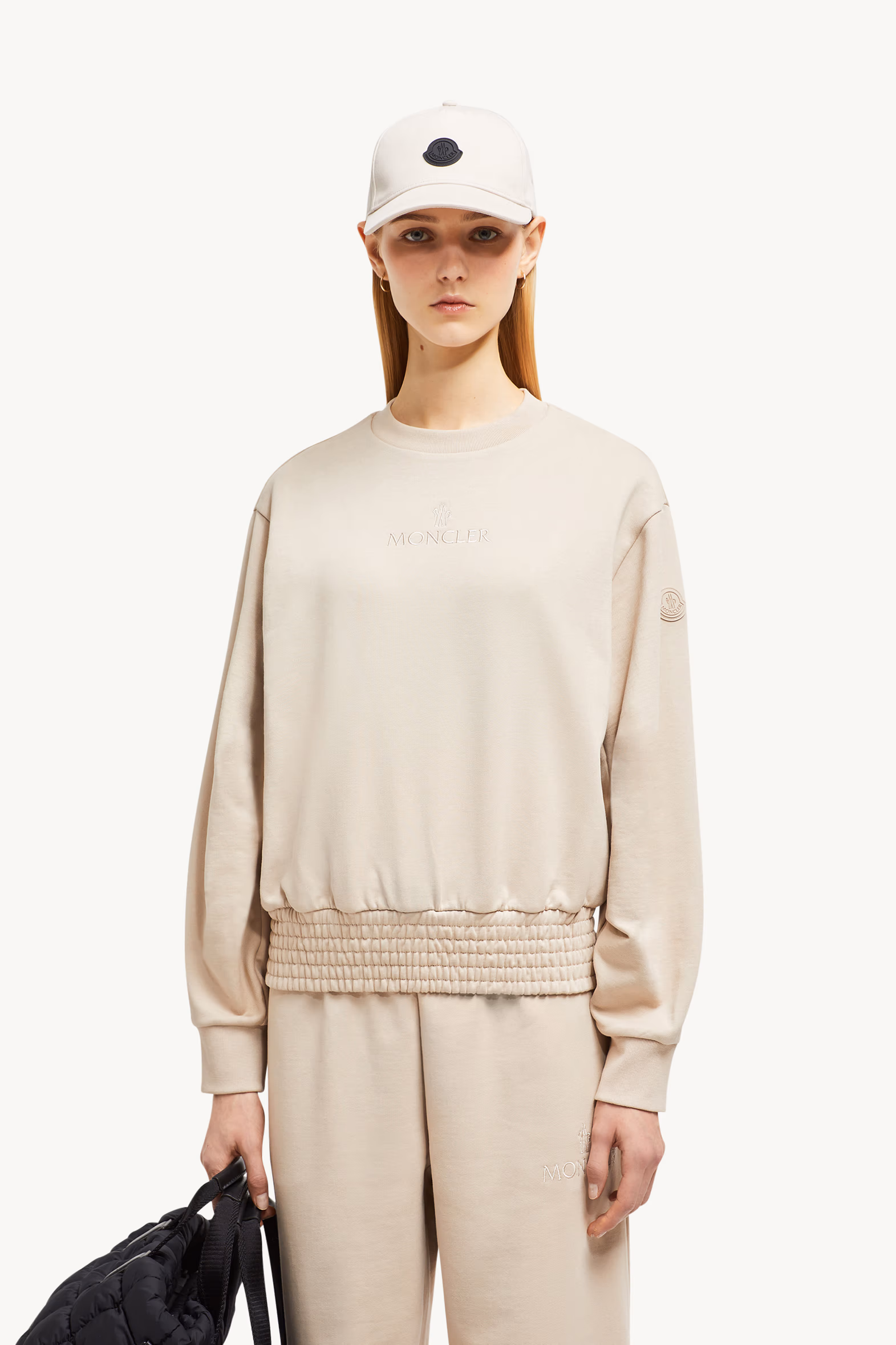 Pleated Sleeve Cotton Sweatshirt Women Sand Beige Moncler 0